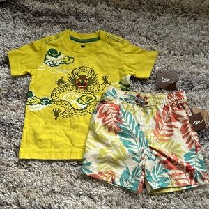 Bundle of Tea Collection Dragon Print Tee & Leaf Print Swim Trunks Size 2